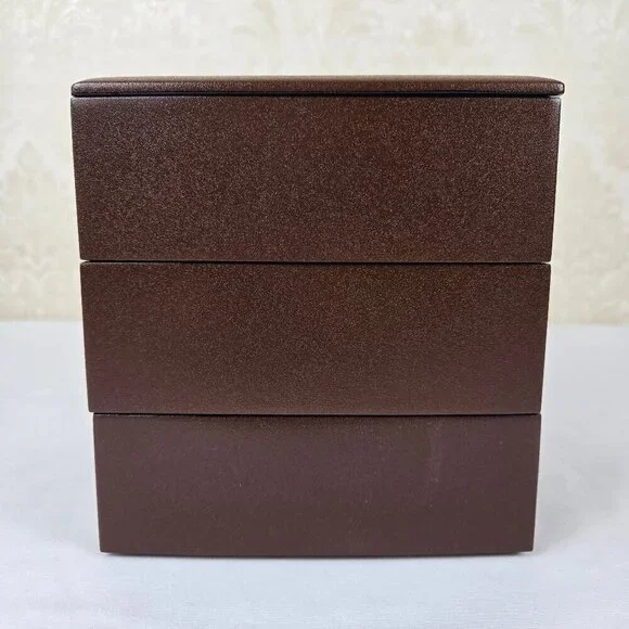 Japanese Jubako Stacked Box Brown w/Red Lacquer Interior Bunnies and Flowers